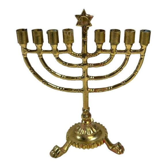 Traditional 9 Branch Hanukkah Menorah Vintage Brass 6.5” X 5.25” Star of David